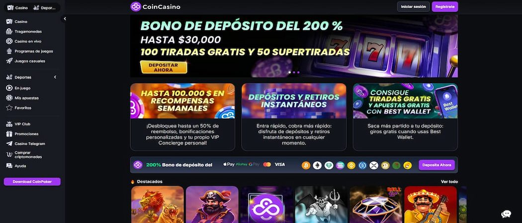 CoinCasino - Bono del 200% y Más de 4,000 Juegos para Argentina